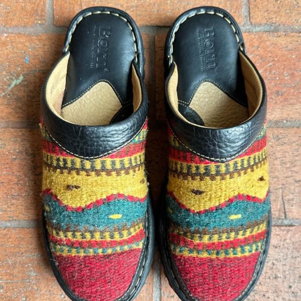 Born Southwestern Wool Blanket Clogs Leather Mules Women's Size 9 Boho Vintage - Picture 2 of 8